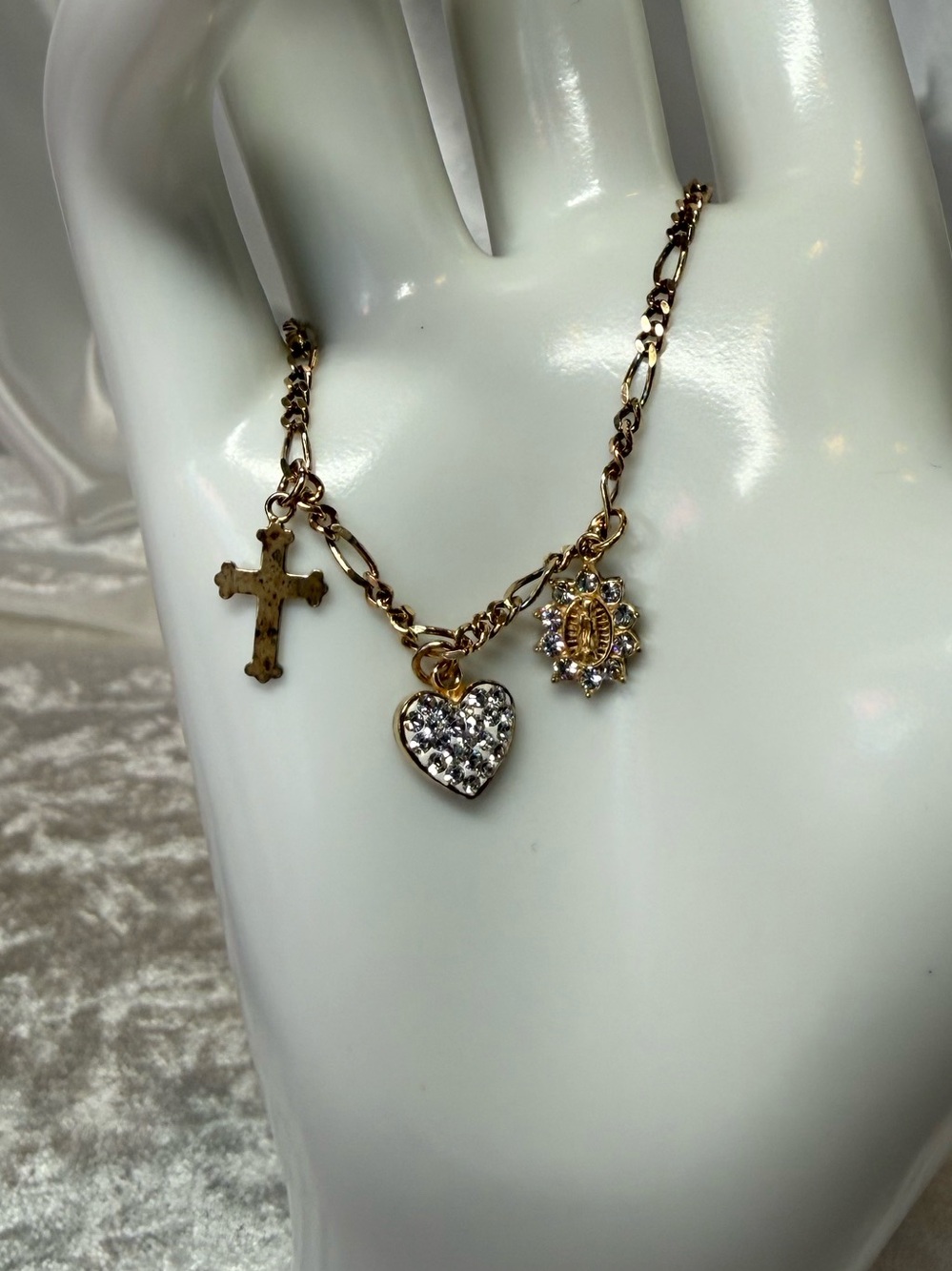 925 Sterling Silver Heart Cross Charm Bracelet Crystal Dainty 6”